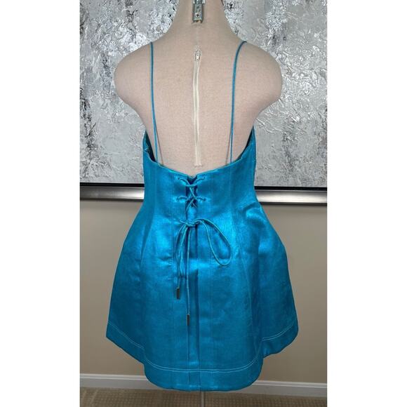Acler Mornington Lace Back Cyan Metallic Mini Dress Size 10 - Picture 4 of 6